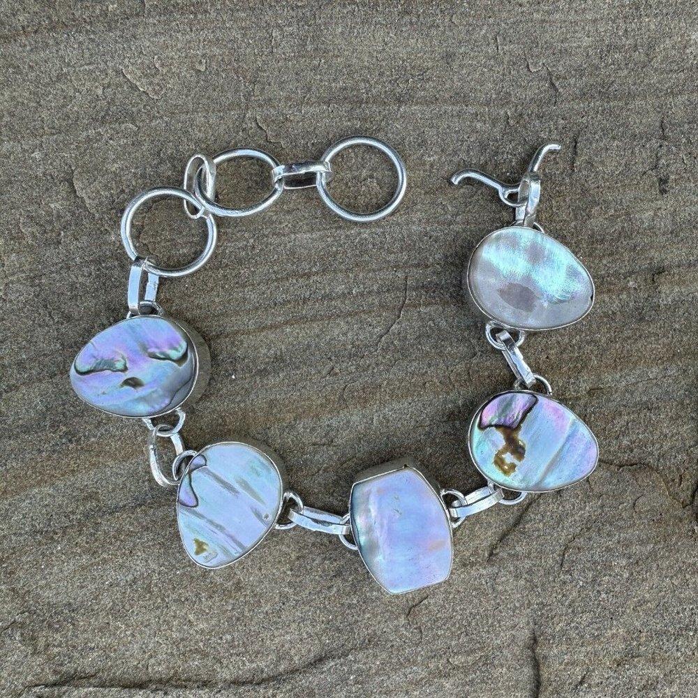 Vtg Link Bracelet Size 75 Mop Shell Teardrop Cabs 925 Sterling Silver 215g 85$